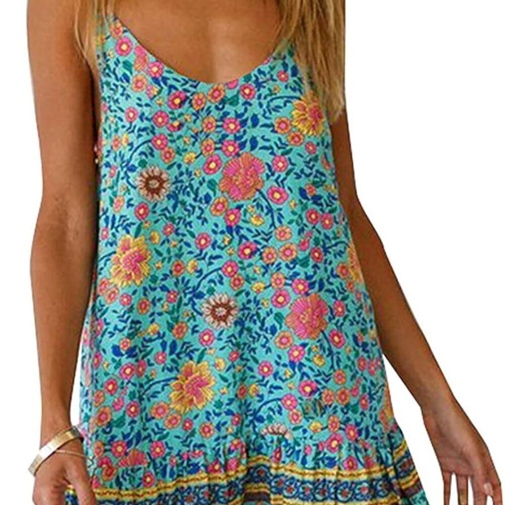 Womens Boho Floral Printed Summer Dress Sleeveless Mini with Pockets